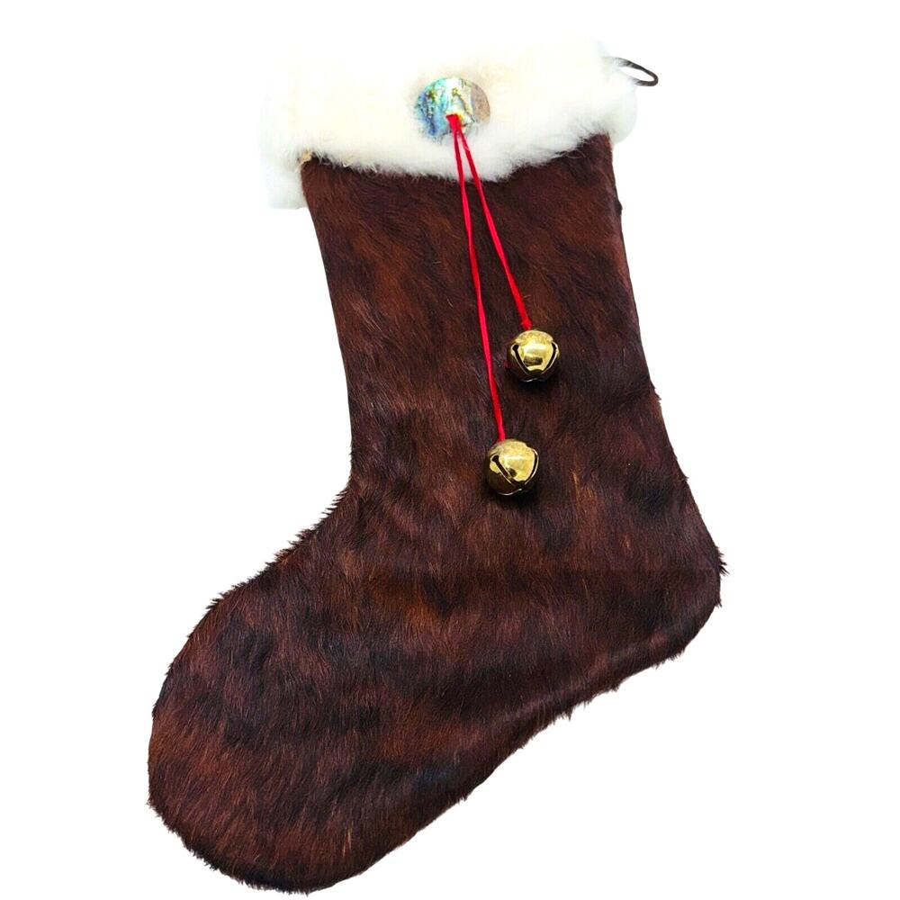 Handmade Cowhide Brown Christmas Stocking Rabbit Fur 20" Western Cowgirl Boho